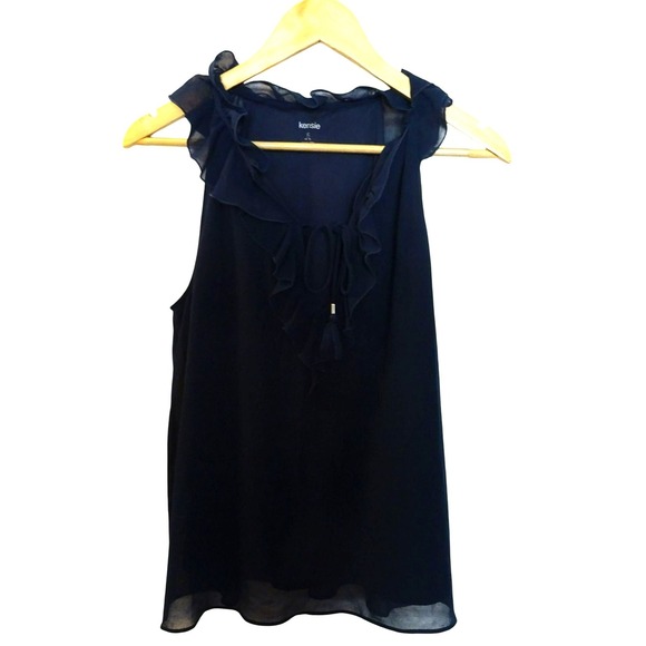 Kensie Navy Blue Sleeveless Ruffle Neck Tie Front Chiffon Blouse Top Size S - Picture 2 of 8